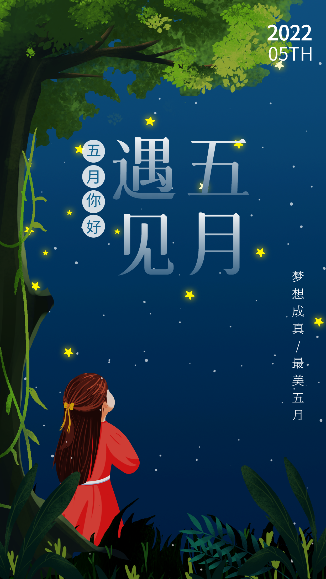 卡通夜空星星背影红衣女孩遇见五月宣传海报