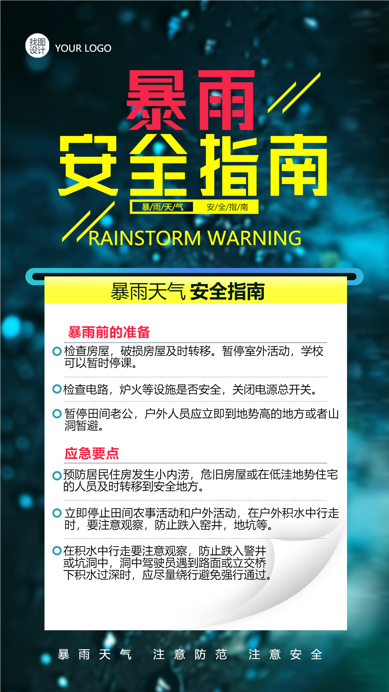 暴雨安全指南雷暴天气应急要点宣传手机海报