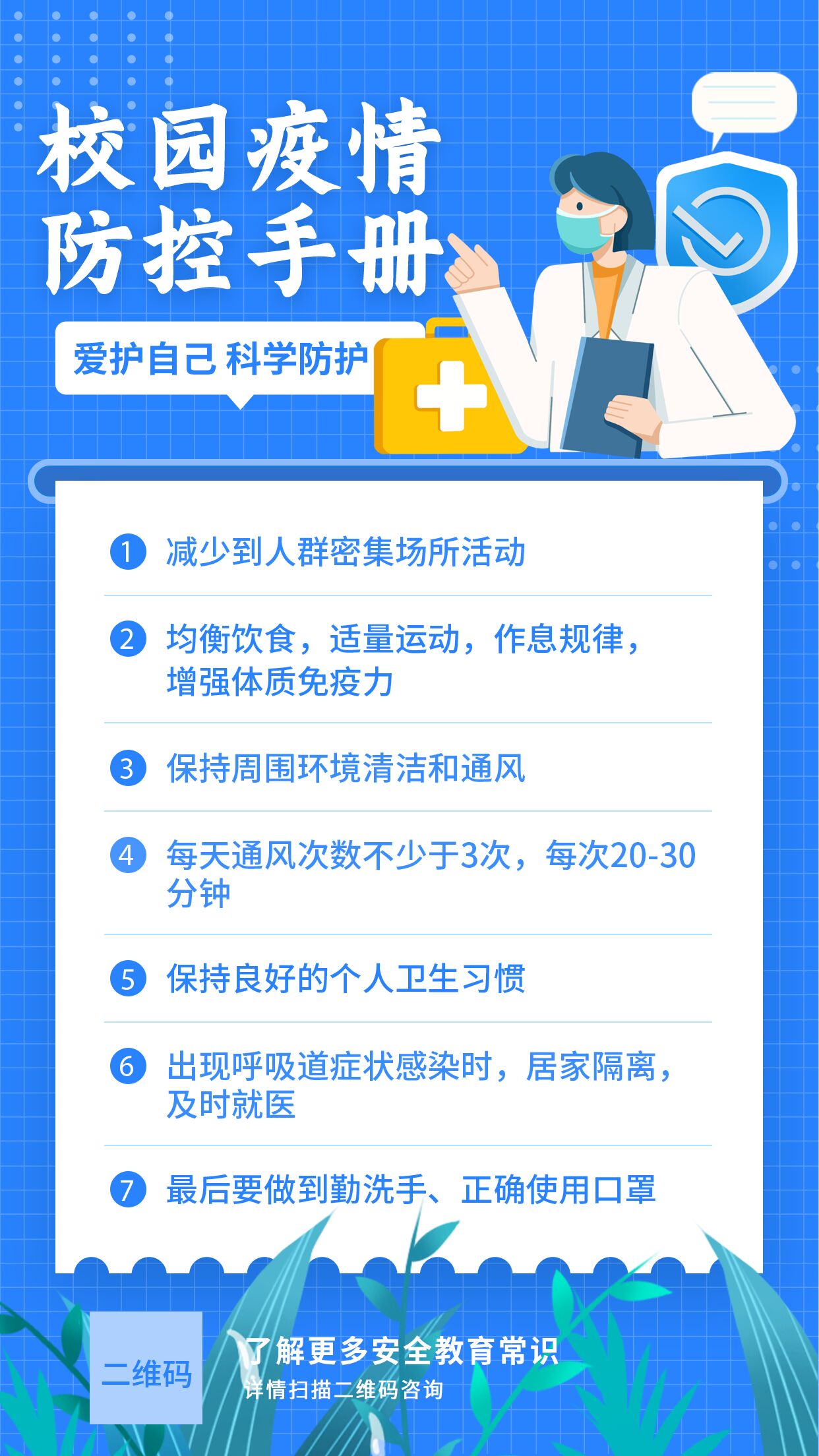 蓝色网格背景校园疫情防控手册制度试点科普医生讲解宣传海报